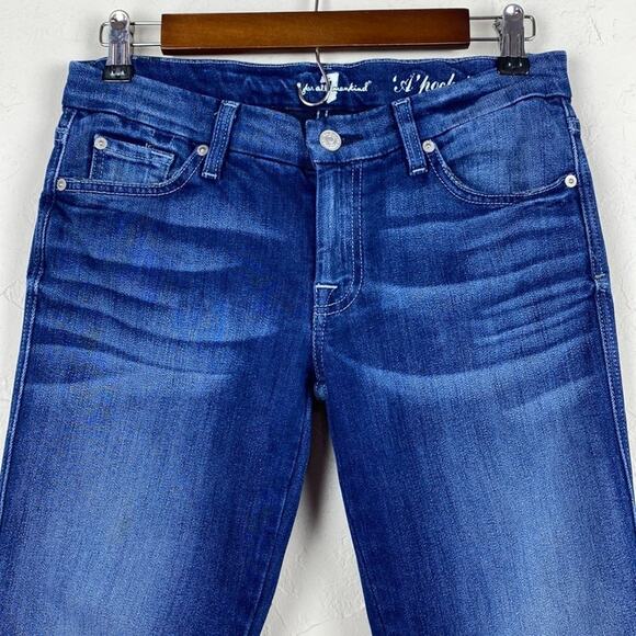 7 For All Mankind 'A' Pocket Dark Wash Low Rise Whiskered Boot Cut Jeans Size 27 - Picture 2 of 9